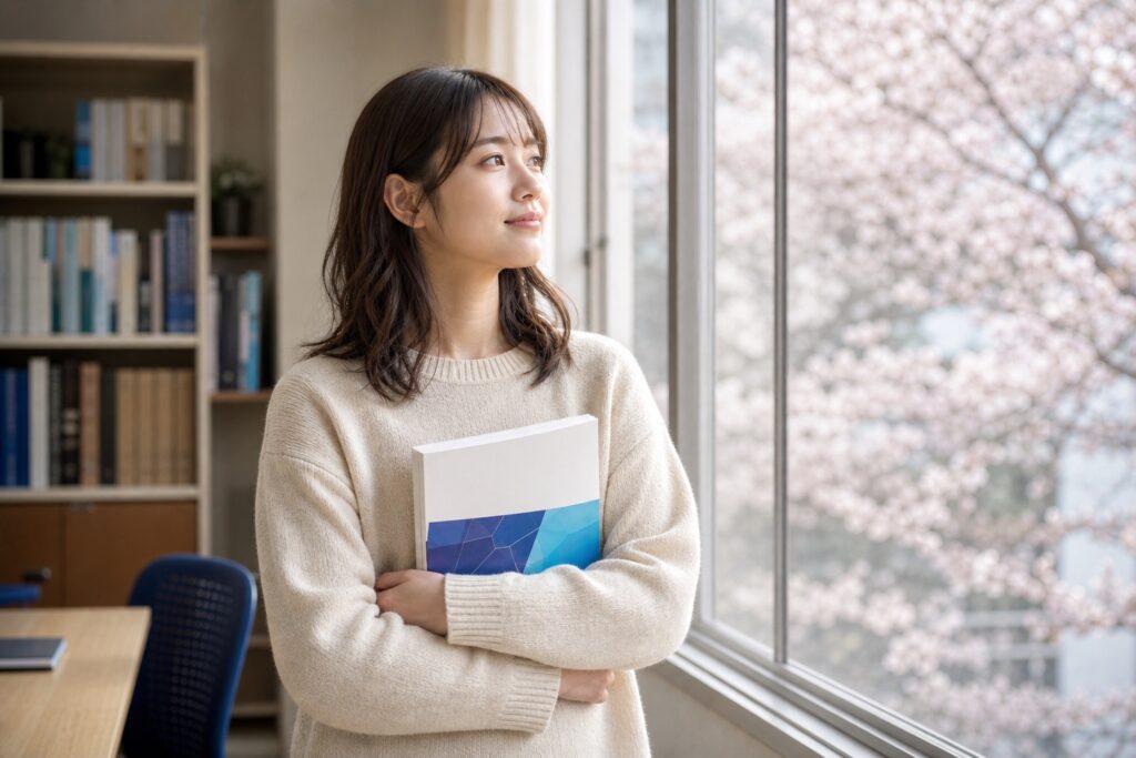春の光が差す窓辺で薬学の専門書を手に前を見つめる薬学部生
