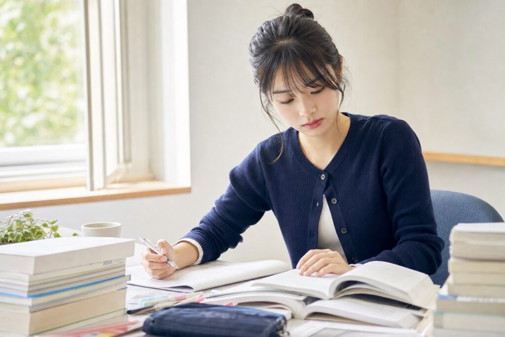 卒業試験の危機を乗り越え一発合格を果たした集中した表情の薬学部生