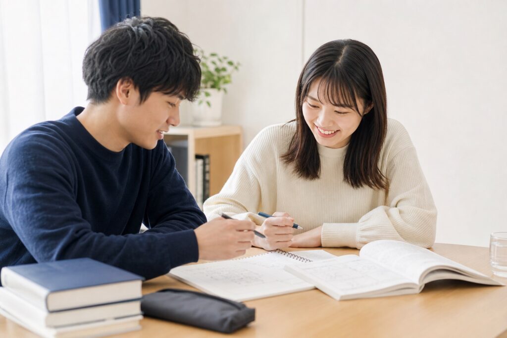 物理化学の資料を前に不安を乗り越え落ち着いた表情で講師と話す薬学部生