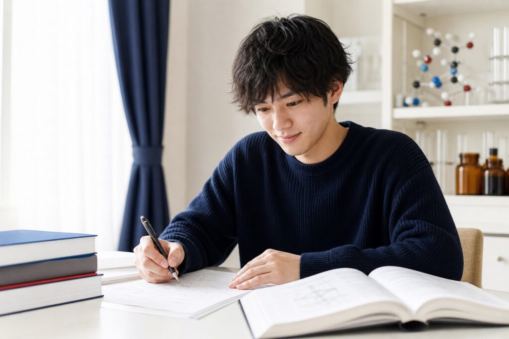 物理を基礎から立て直し落ち着いた自信で問題演習に取り組む薬学部生