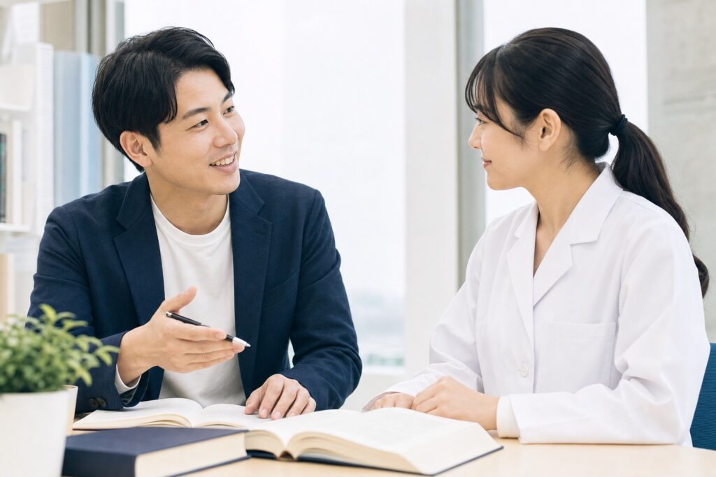 明るい机で家庭教師の説明に耳を傾け、安心した表情で頷く学生