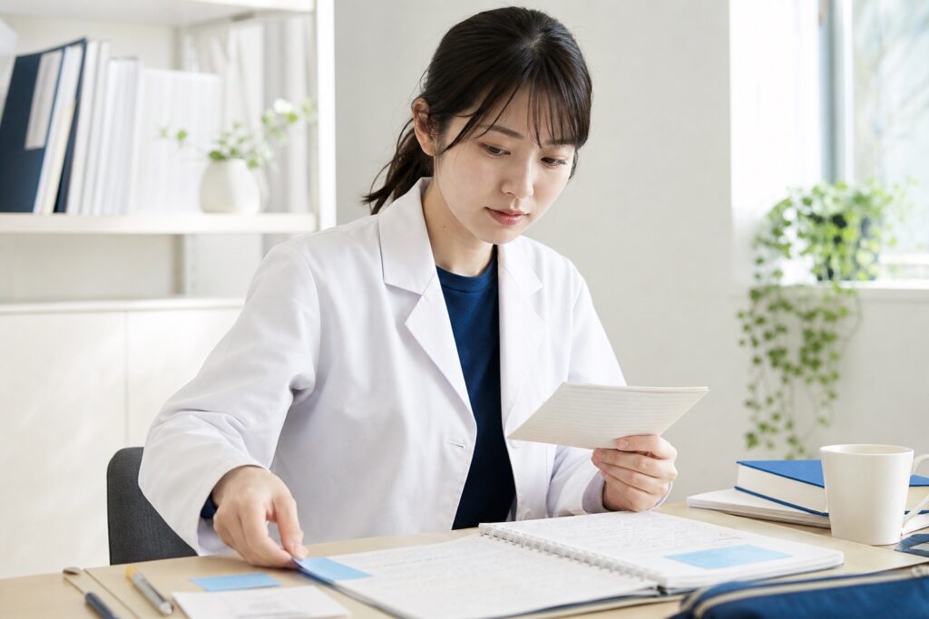 授業後にノートを見返し、わかったこととわからないことを整理する薬学部生