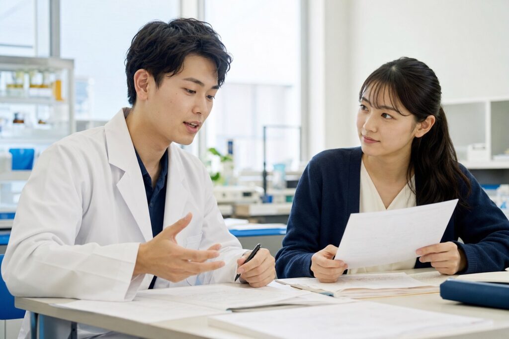 模擬問題を使い、家庭教師と口頭でアウトプット練習をする薬学部生