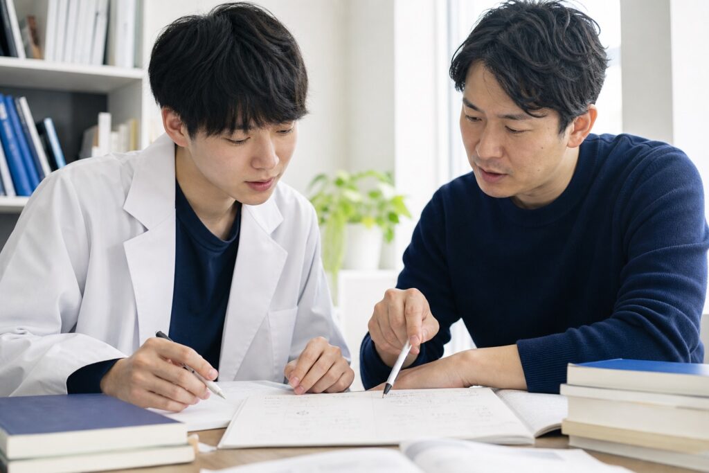 苦手科目のノートを家庭教師と一緒に整理し、弱点を切り分ける場面