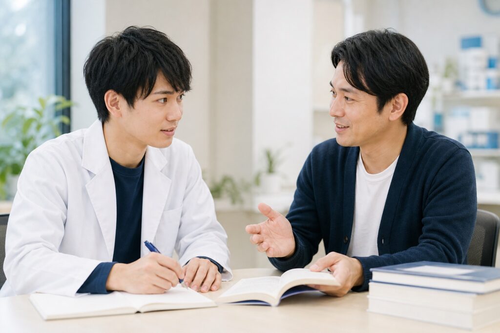 明るい机で家庭教師と学生が向き合い、信頼関係の中で指導を受ける様子