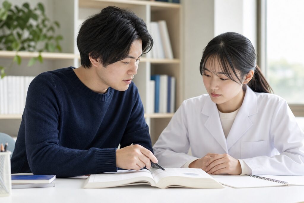 基礎から丁寧に教わる薬学部生と、隣で寄り添う家庭教師の学習風景