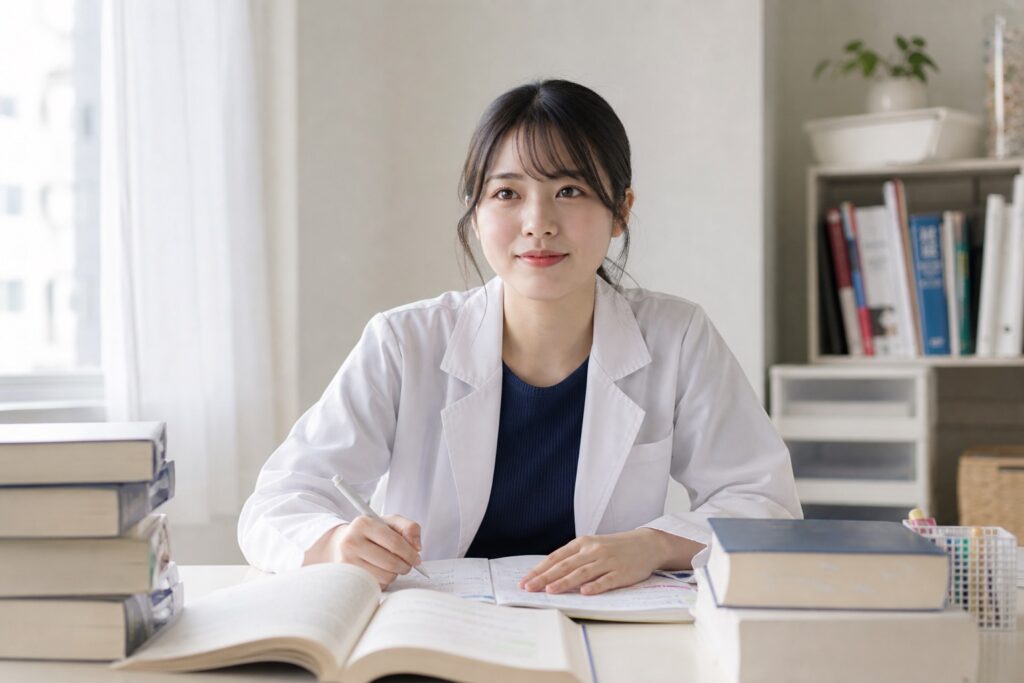 厚い専門書とノートを前に、静かな決意で机に向かう薬学部生