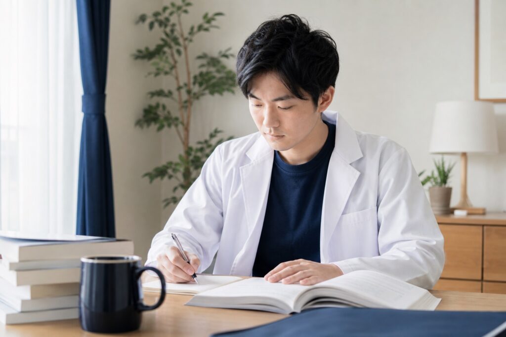 試験明けの落ち着いた部屋で、参考書を開いて復習を続ける薬学部生
