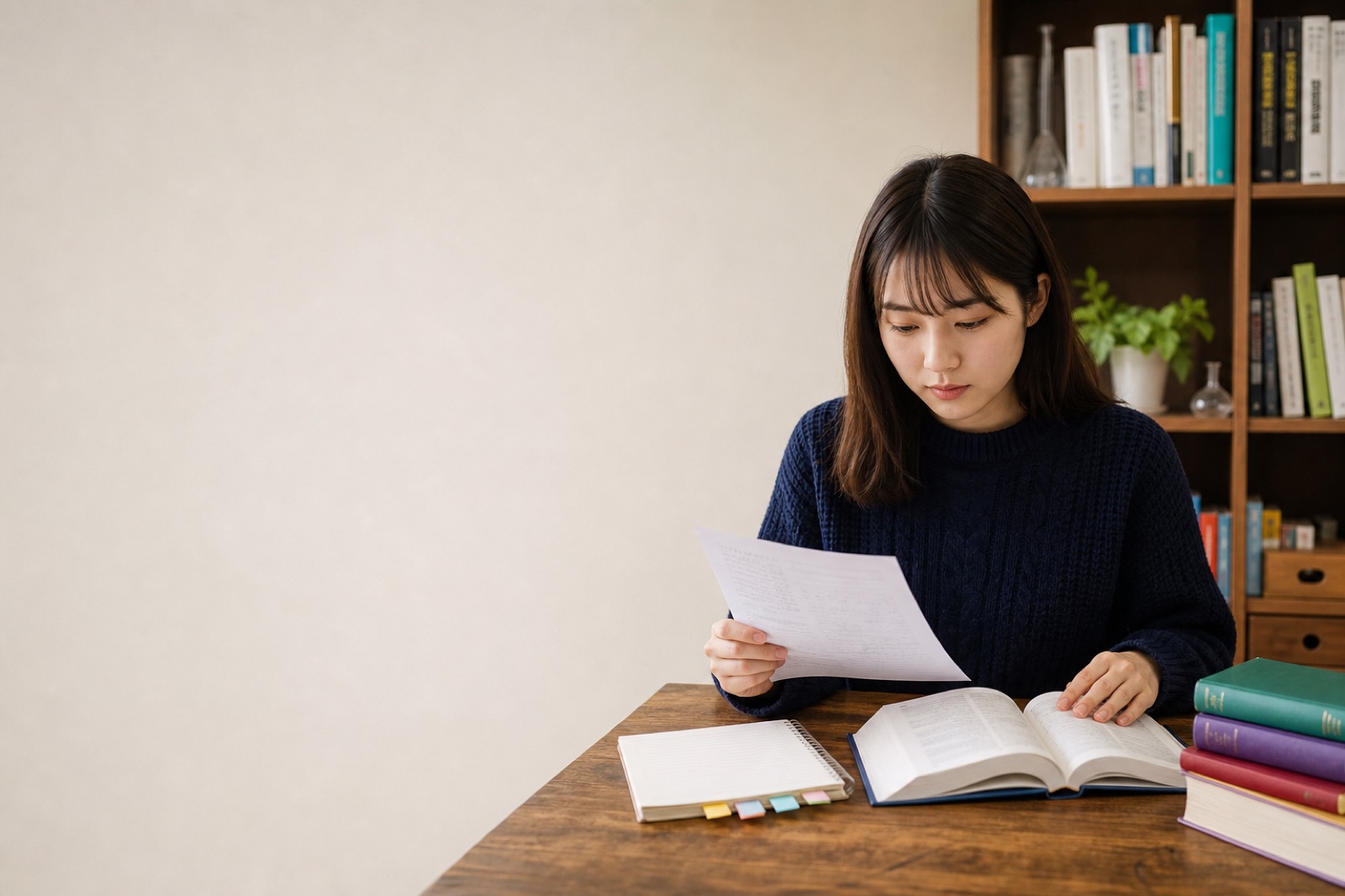 返却された小テストの答案と教科書を見比べて復習する薬学部生