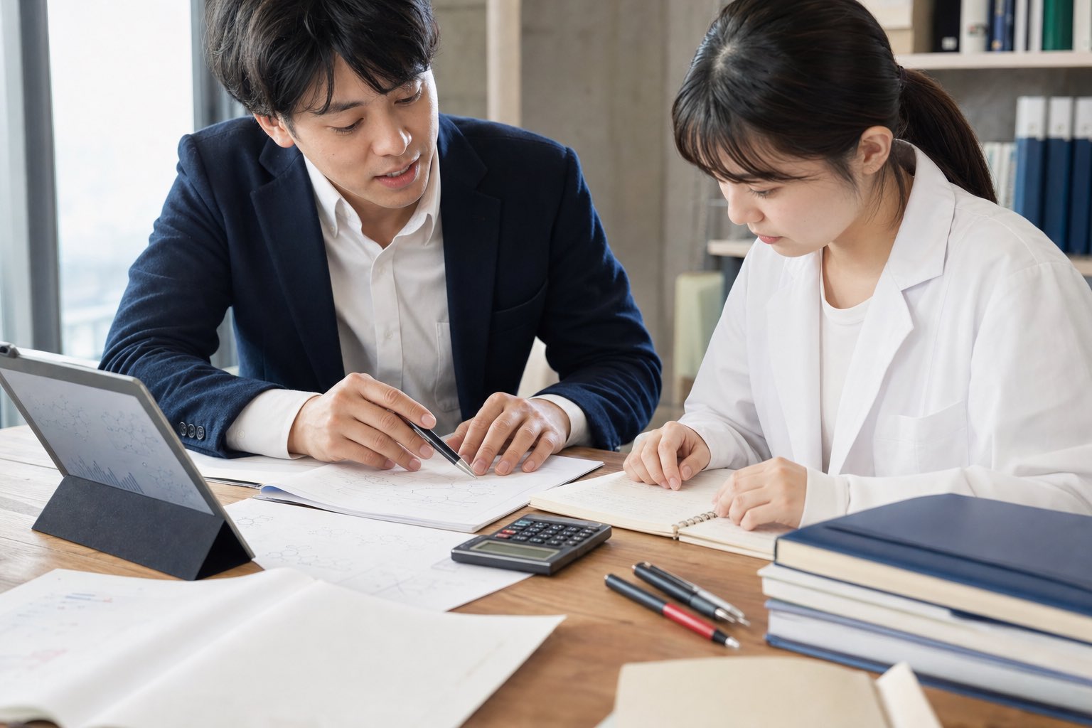 電卓とノートを使って計算の手順を確認している様子
