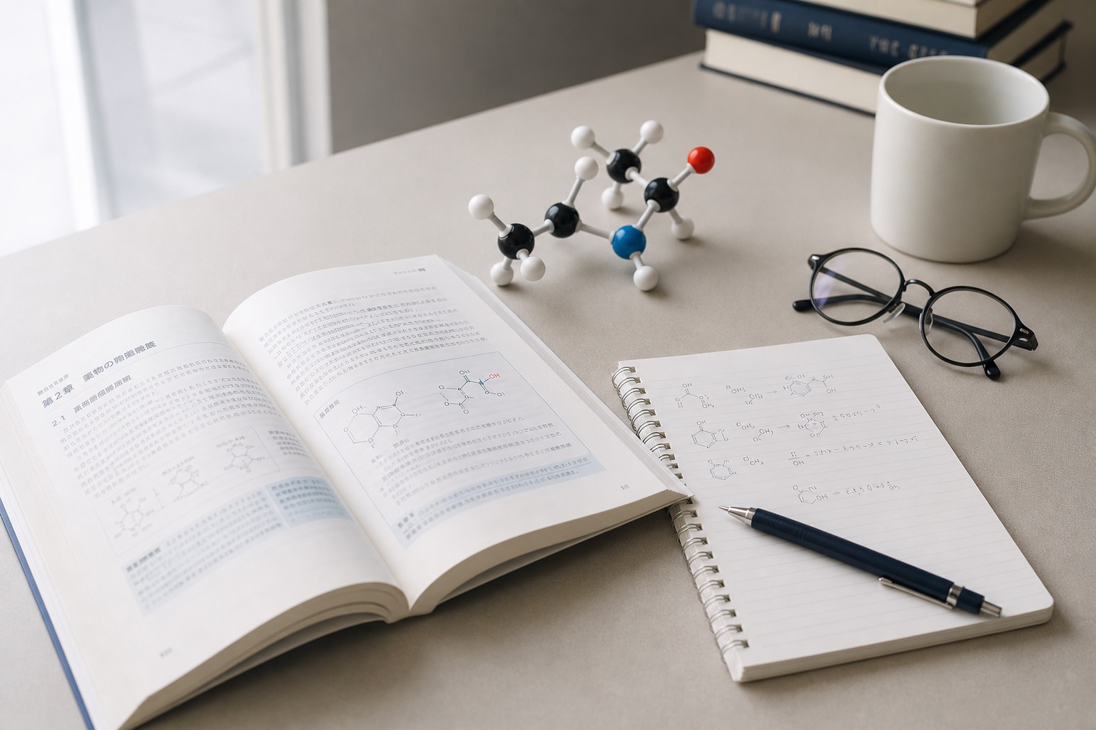 薬学部の学習机。開いた化学の教科書、分子模型、反応機構を書いたノート。