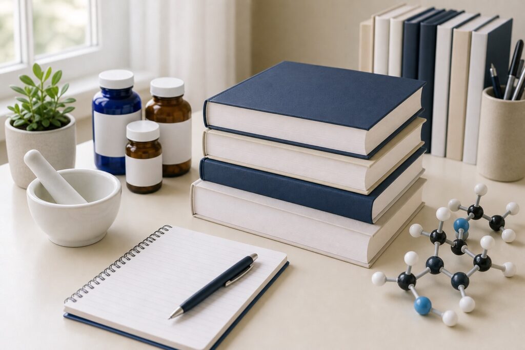 薬学の教材と処方箋グッズが並ぶ落ち着いた学習机