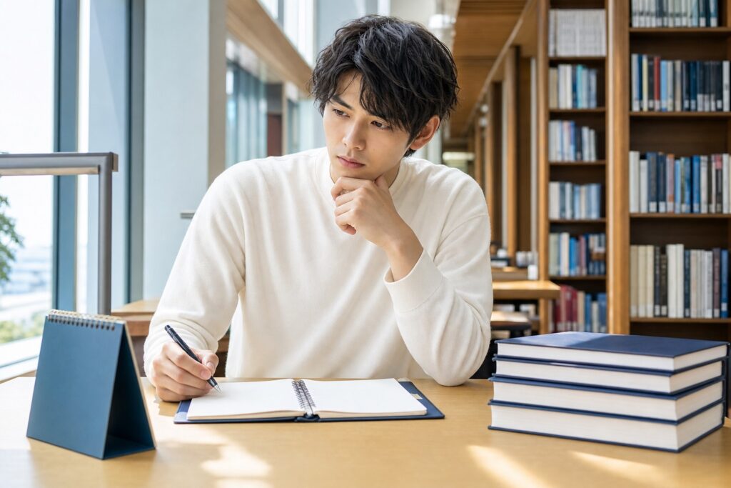 図書館の窓際で予定表を見つめる男子薬学部生