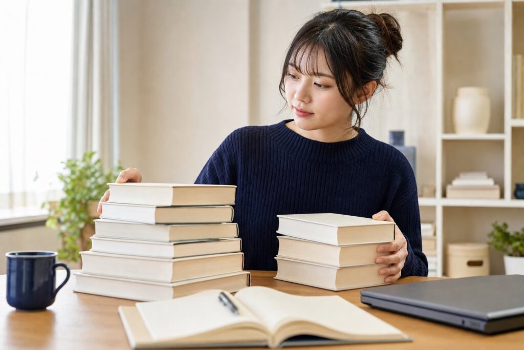 自宅の机で参考書を選び整理する女子薬学部生