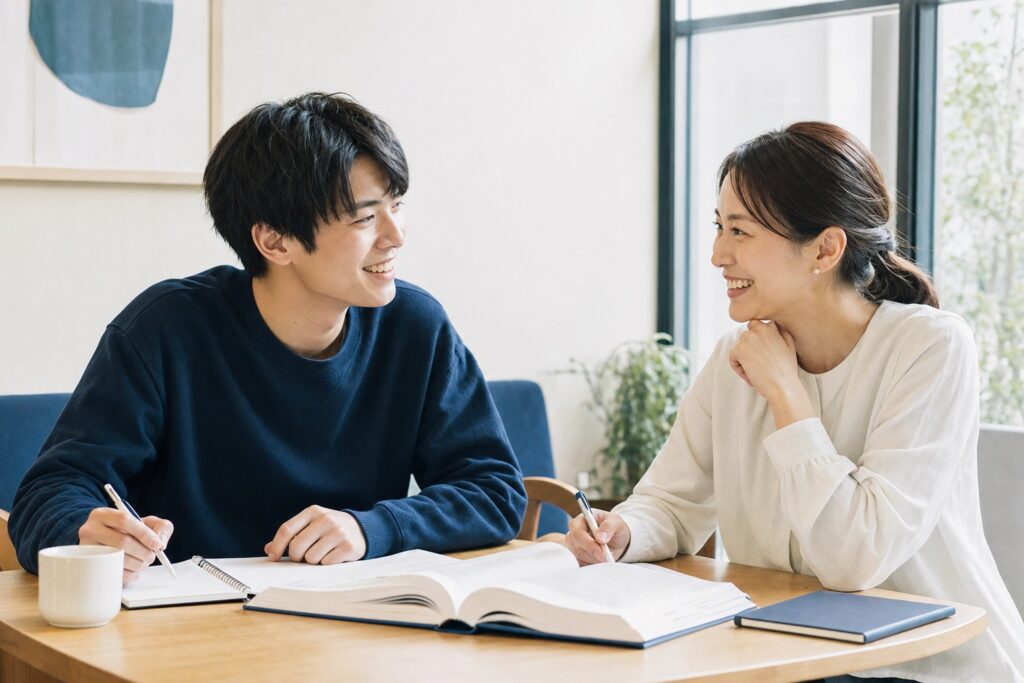 留年を乗り越えた男子学生と喜ぶ女性家庭教師