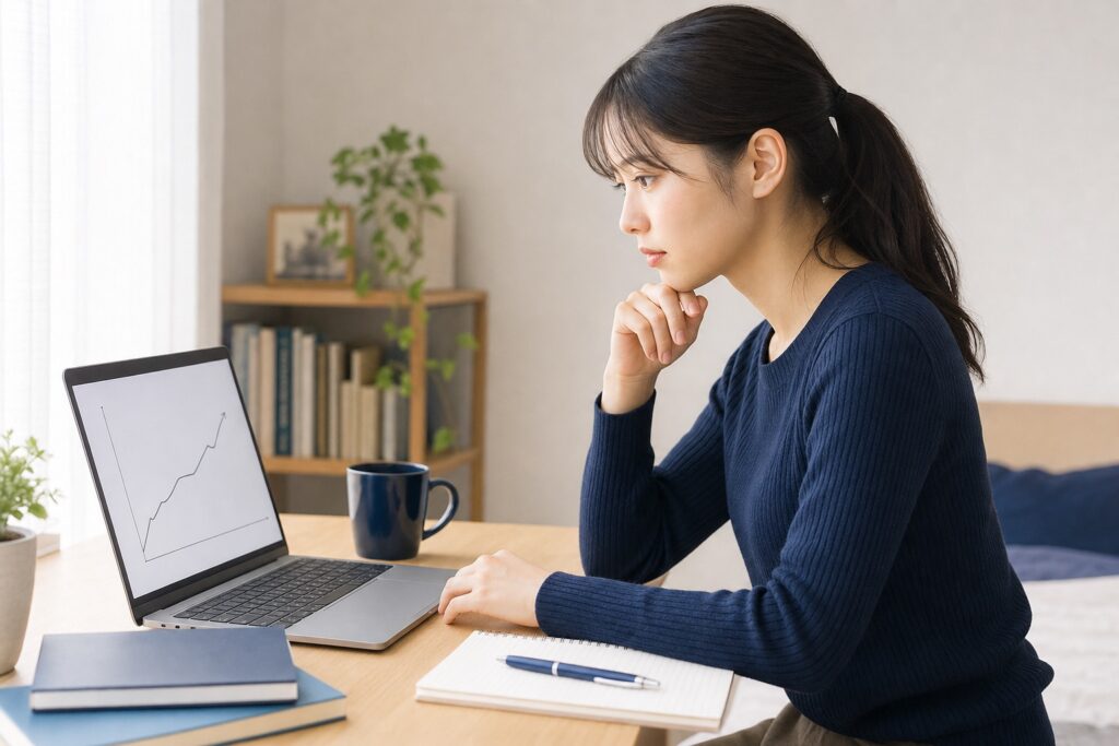 自室でノートパソコンのグラフを確認する女子学生
