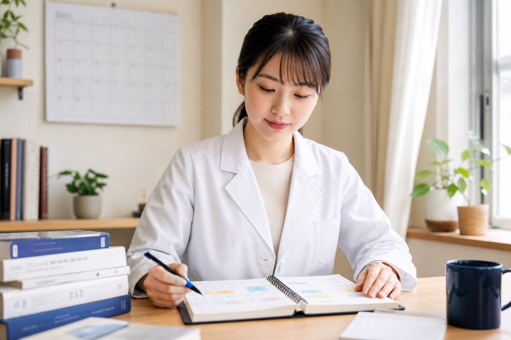 女子学生が机で学習計画表を確認している様子