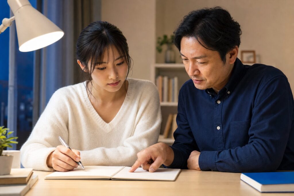 夜の自宅で家庭教師と進級テスト対策をする女子学生