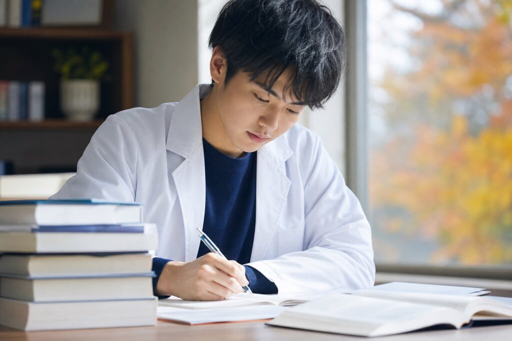 秋の光が差す部屋で一人机に向かう男子学生
