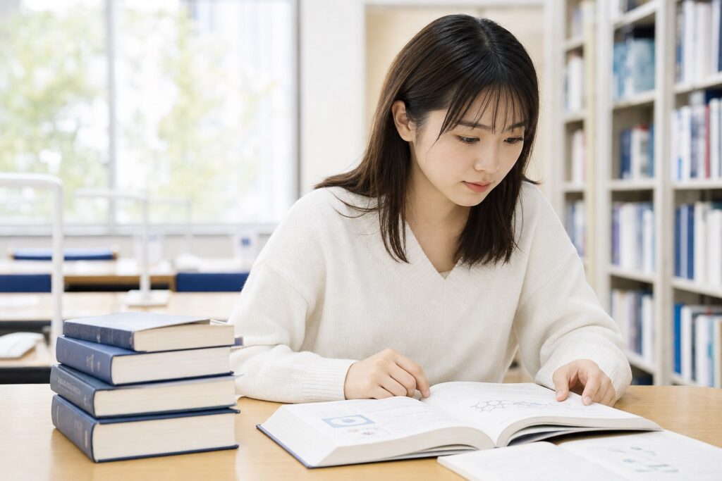 図書館で早くから国家試験対策を始める女子学生