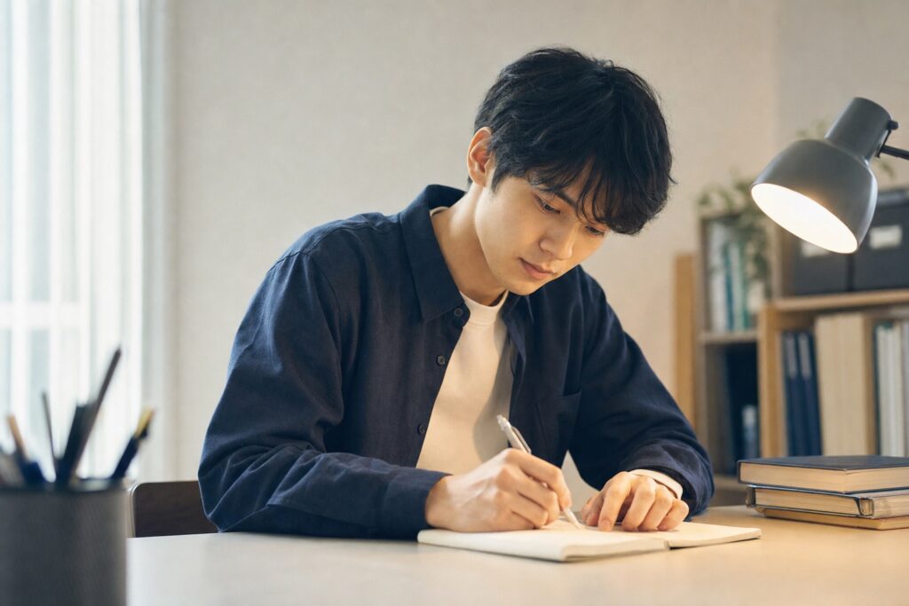 静かな部屋でノートに向かう浪人中の男子学生