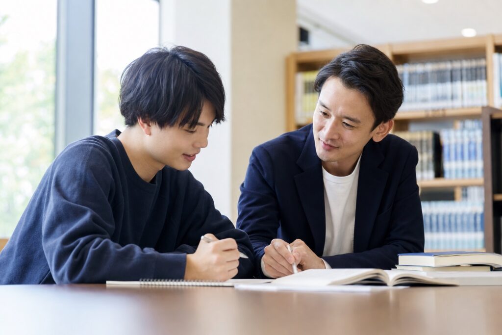大学図書館で卒業対策を相談する男子学生と男性講師