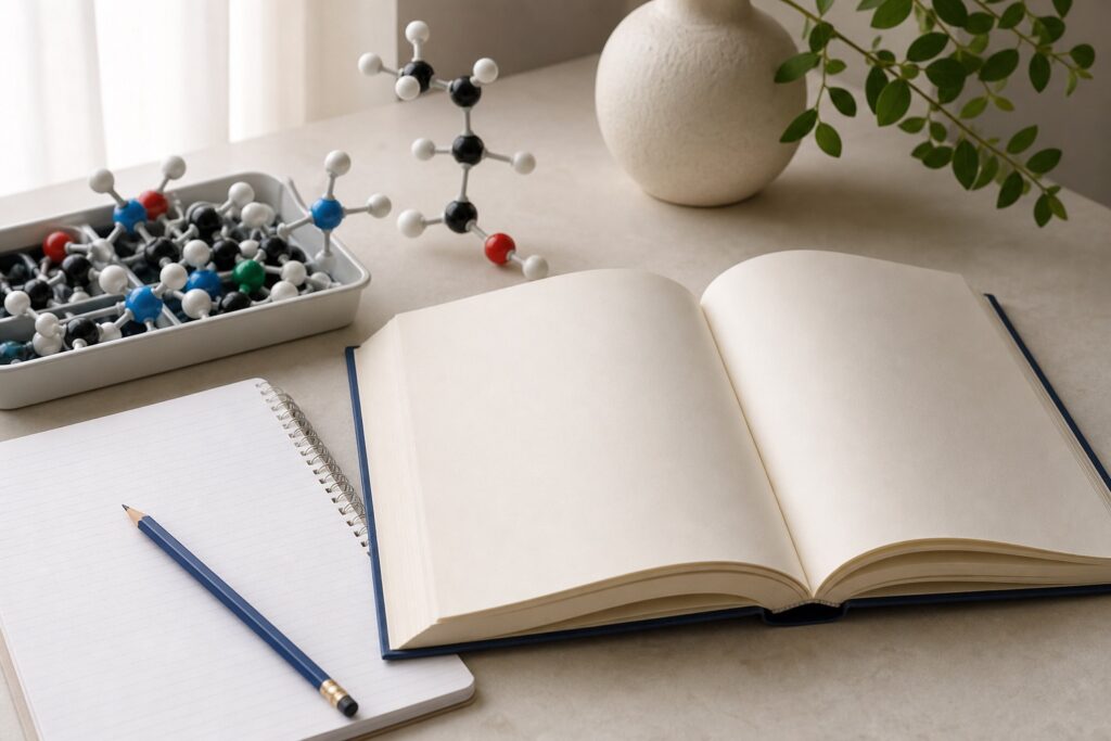 有機化学の分子模型と教科書が並ぶ学習机