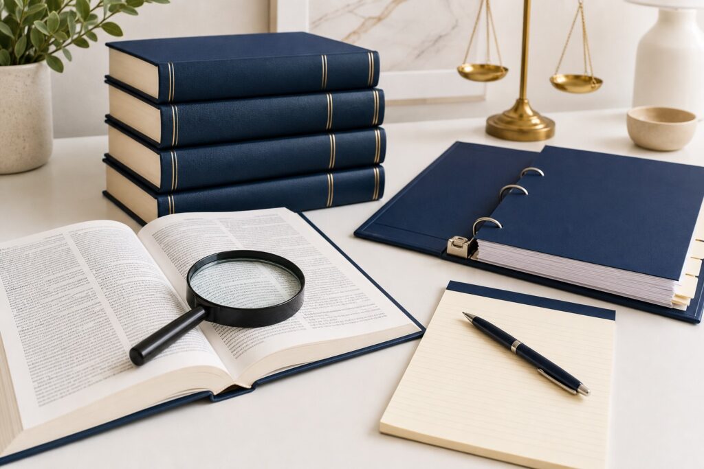 薬事法規の参考書とファイルを積んだ学習机の静物