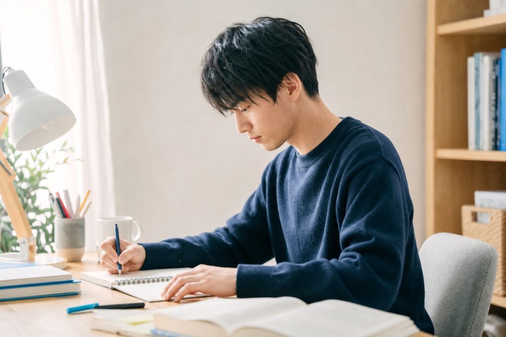 自宅机で卒業までの計画を書く男子薬学部生