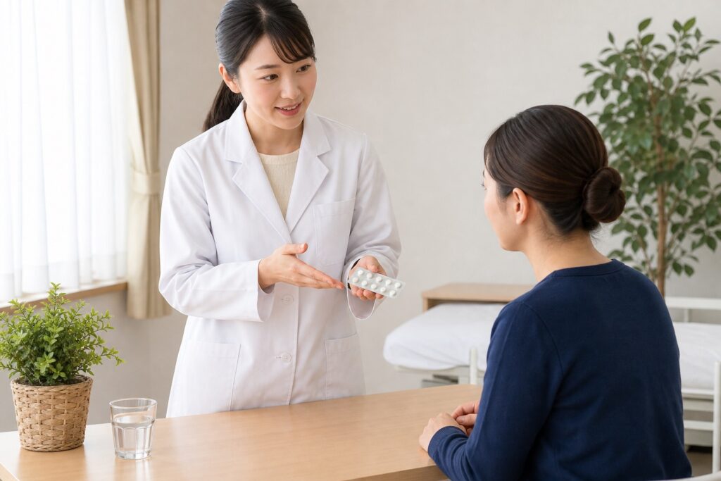 OSCE練習で薬の説明をする女子薬学部生と教師