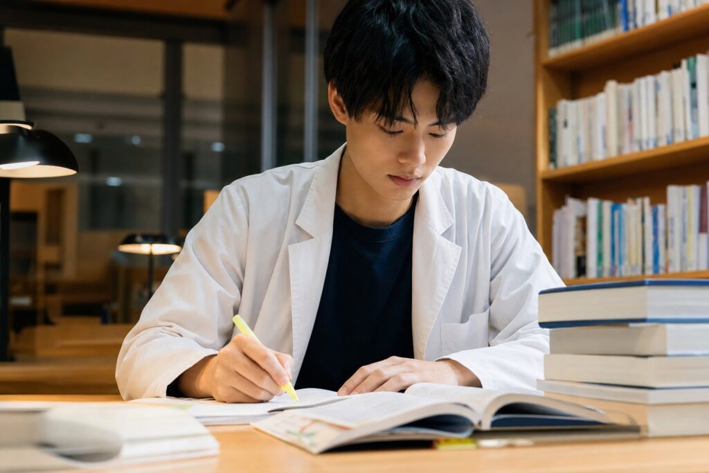 図書館で教科書を積んで勉強する男子薬学部生