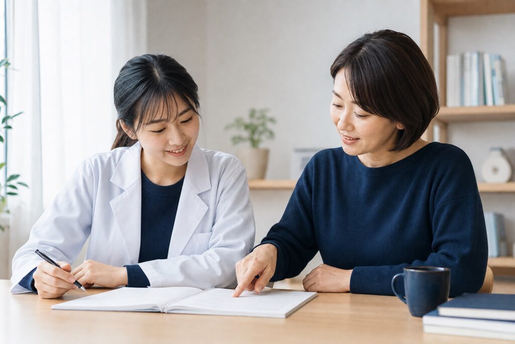 教師と過去問を確認する女子薬学部生