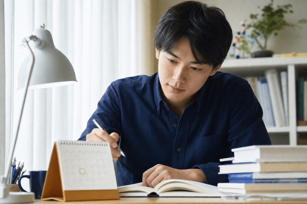 国試再受験のカレンダーに印をつける男子薬学部生