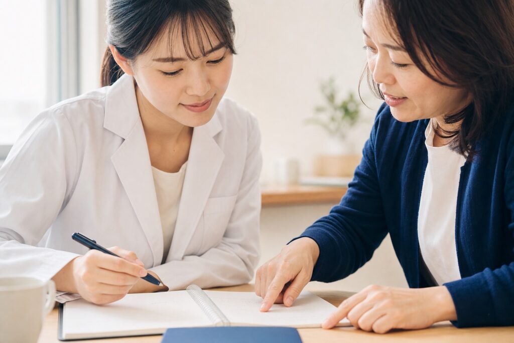 教師に優しく助言される女子薬学部生の勉強風景