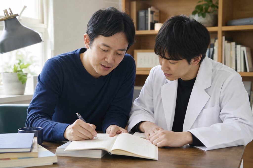 ノートを見ながらマンツーマンで教わる男子薬学部生
