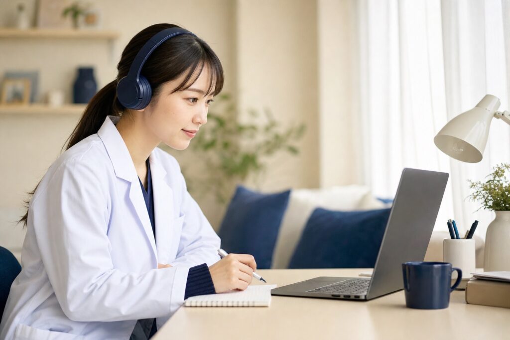 ノートPCでオンライン指導を受ける女子薬学部生