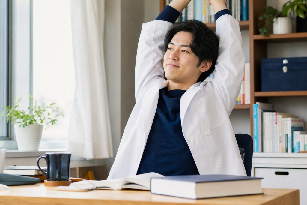 勉強に疲れ机で伸びをする男子薬学部生