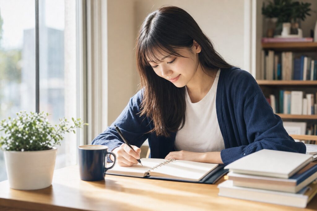 女子学生が窓際でノートに前向きな目標を書く様子