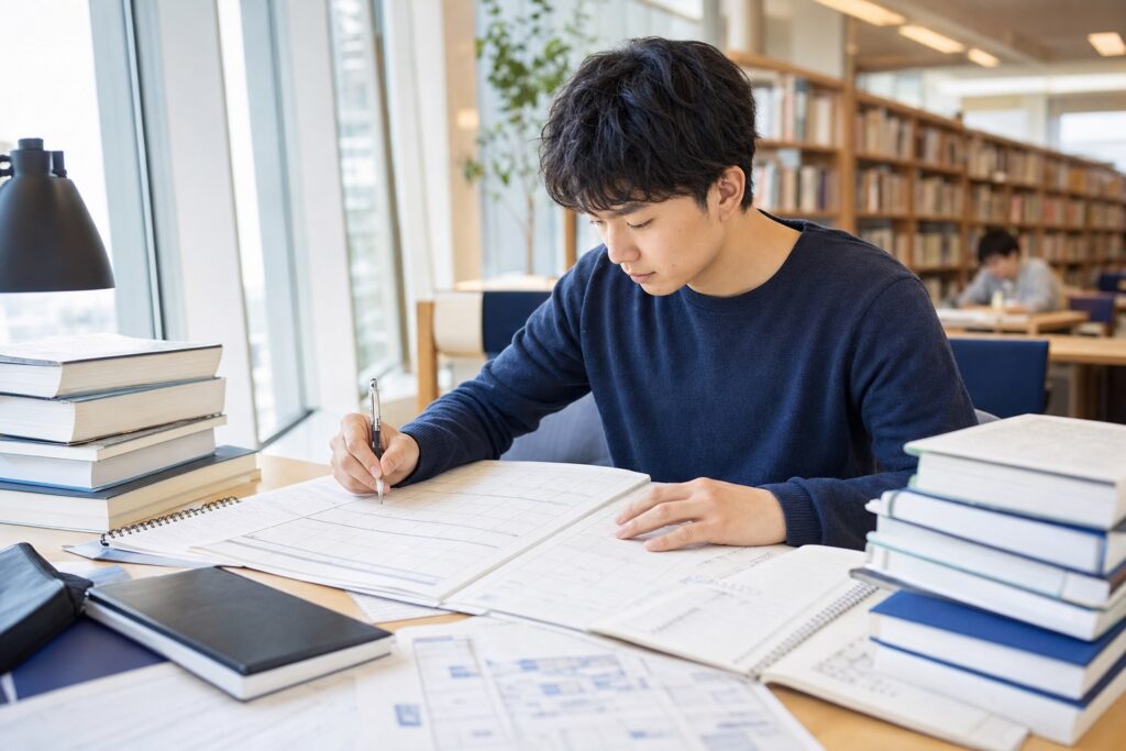 男子学生が図書館でカレンダーを見ながら学習計画を立てる
