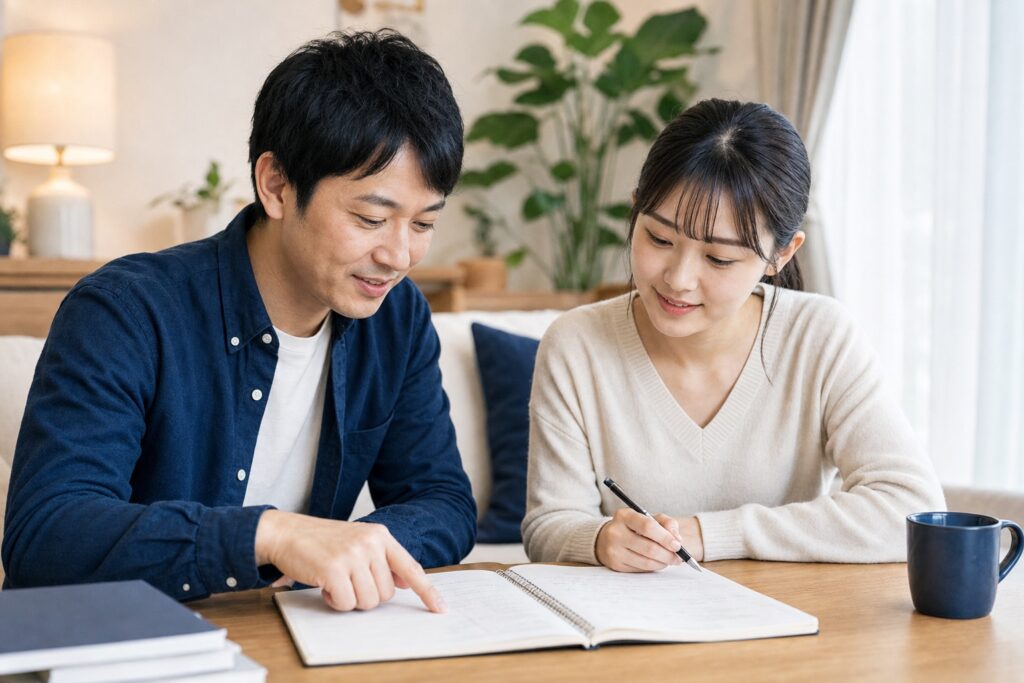 家庭教師が1年生に基礎科目を優しく教える様子