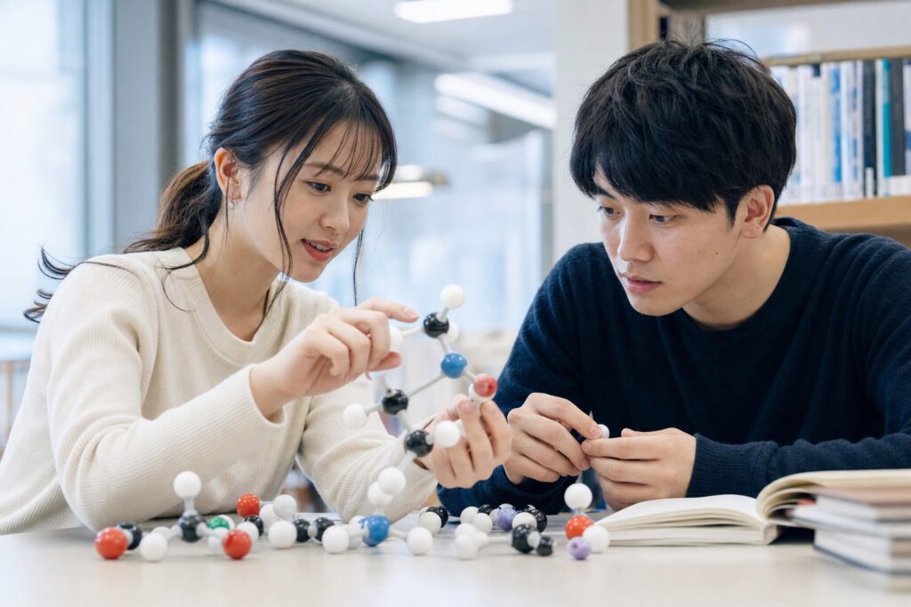 家庭教師が分子模型で2年生に有機化学を説明する様子