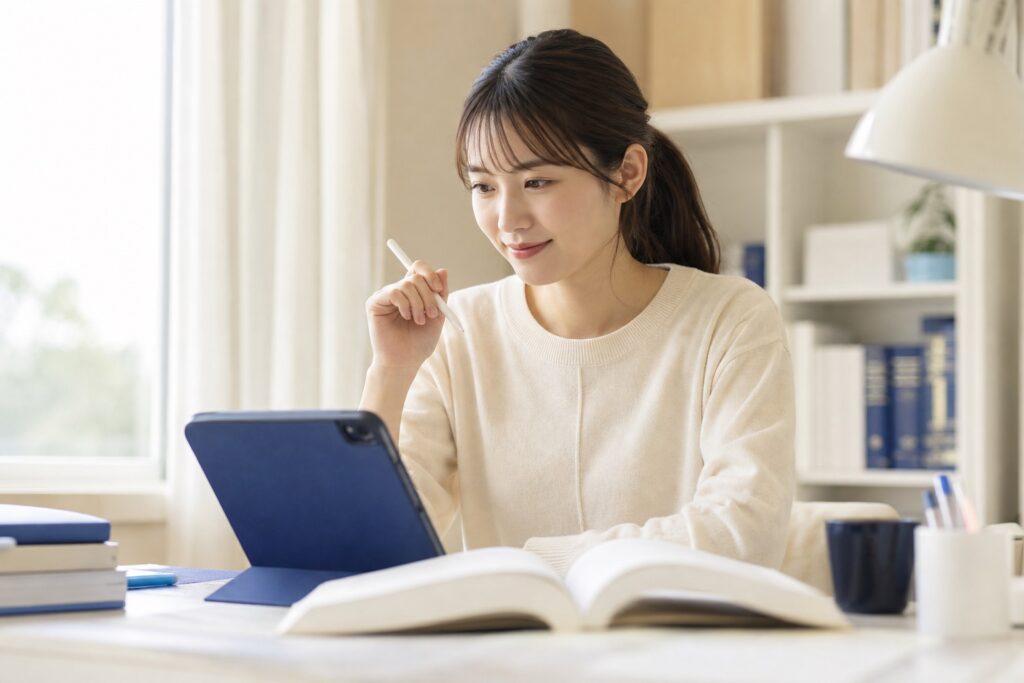 女子学生がタブレットでCBT問題に自信ありげに取り組む