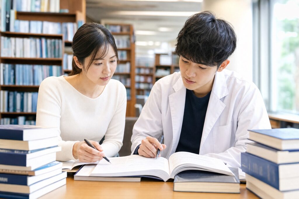 家庭教師と6年生が図書館で国試対策を確認する様子