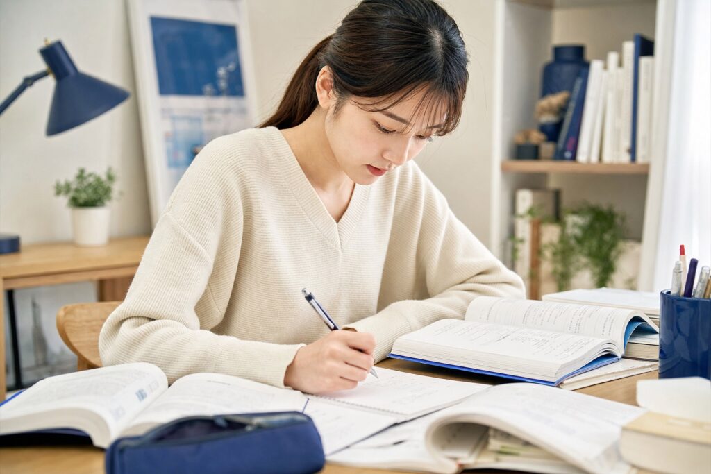 女子学生が問題を解きながらノートにまとめる様子