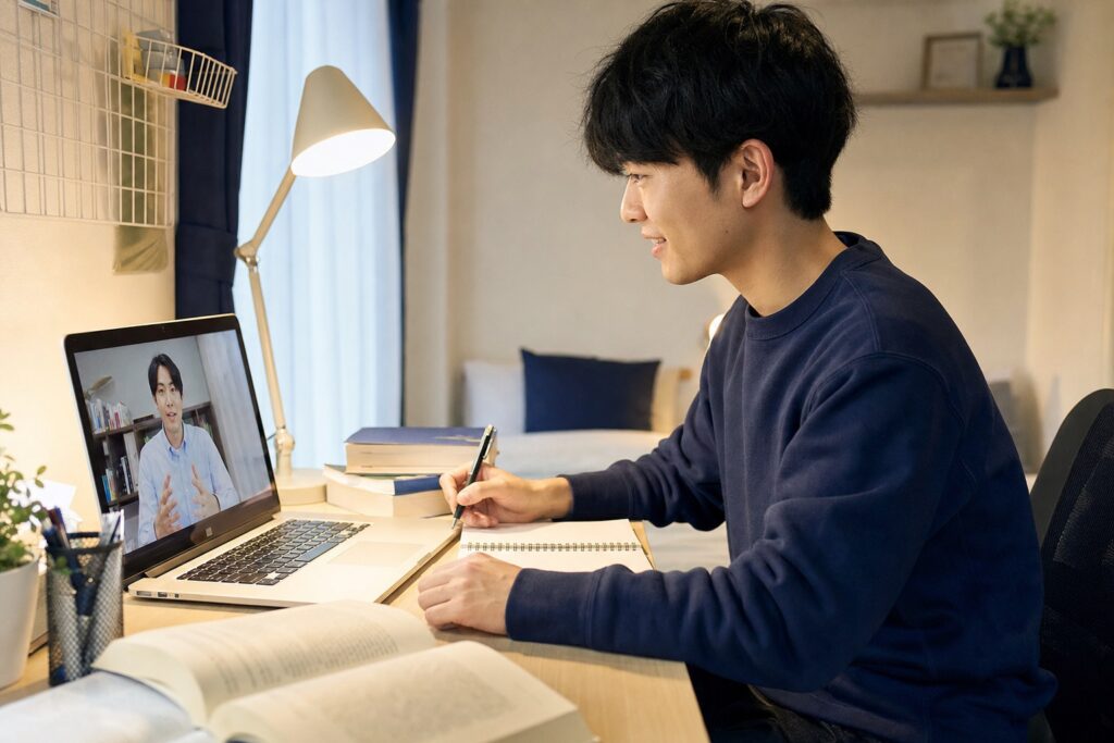 男子学生がオンラインで家庭教師の指導を受ける様子