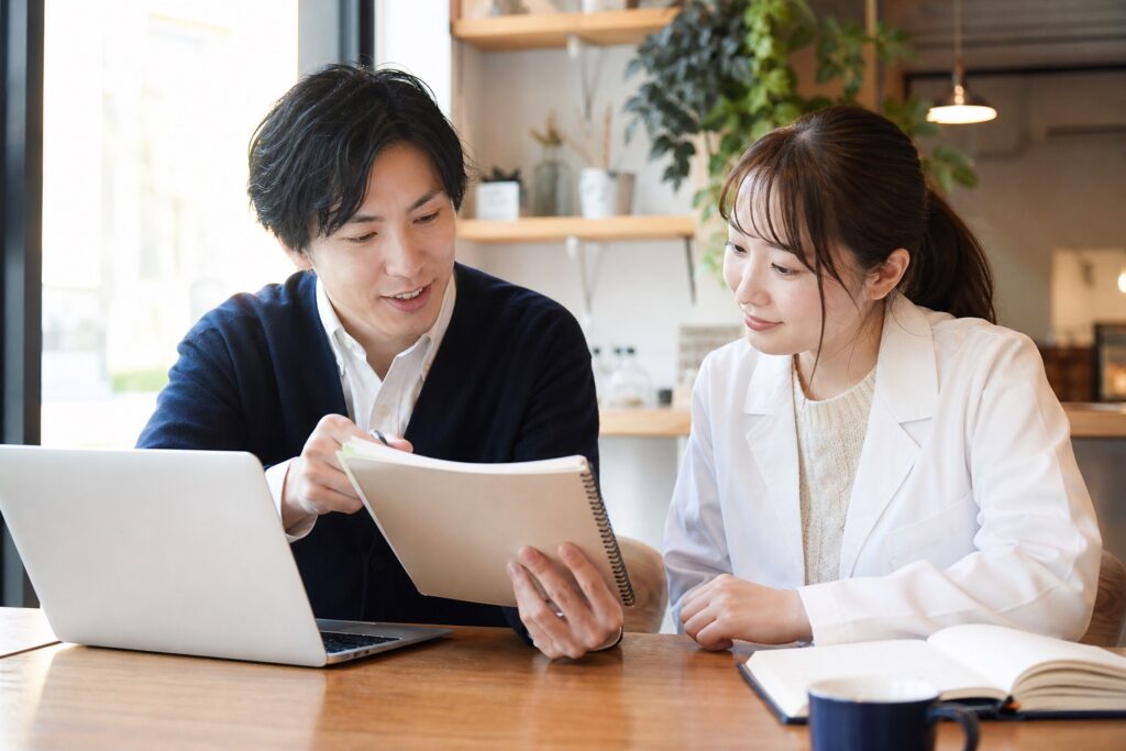 家庭教師と女子学生がカフェで料金プランを相談する様子