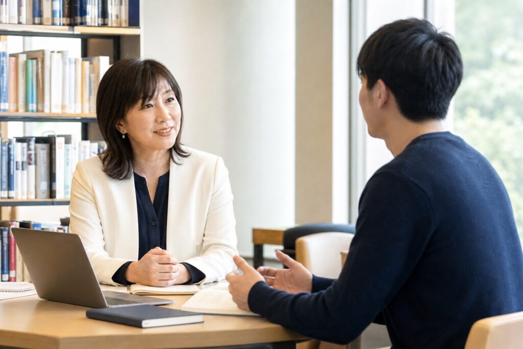 女性アドバイザーが男子学生の相談に親身に耳を傾ける