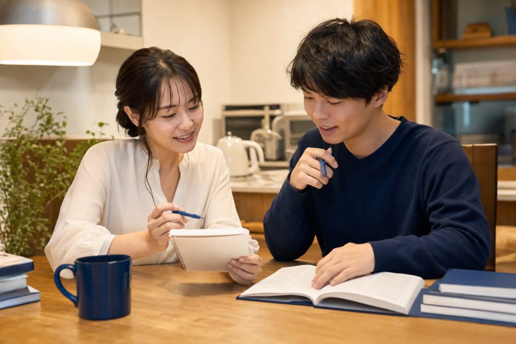 家庭教師と男子学生が夕方のキッチンで学習計画を確認