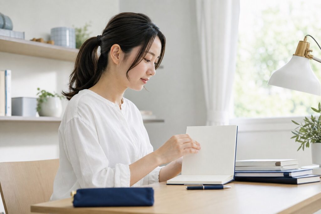 女子学生が朝の光の中で新しいノートを開く様子