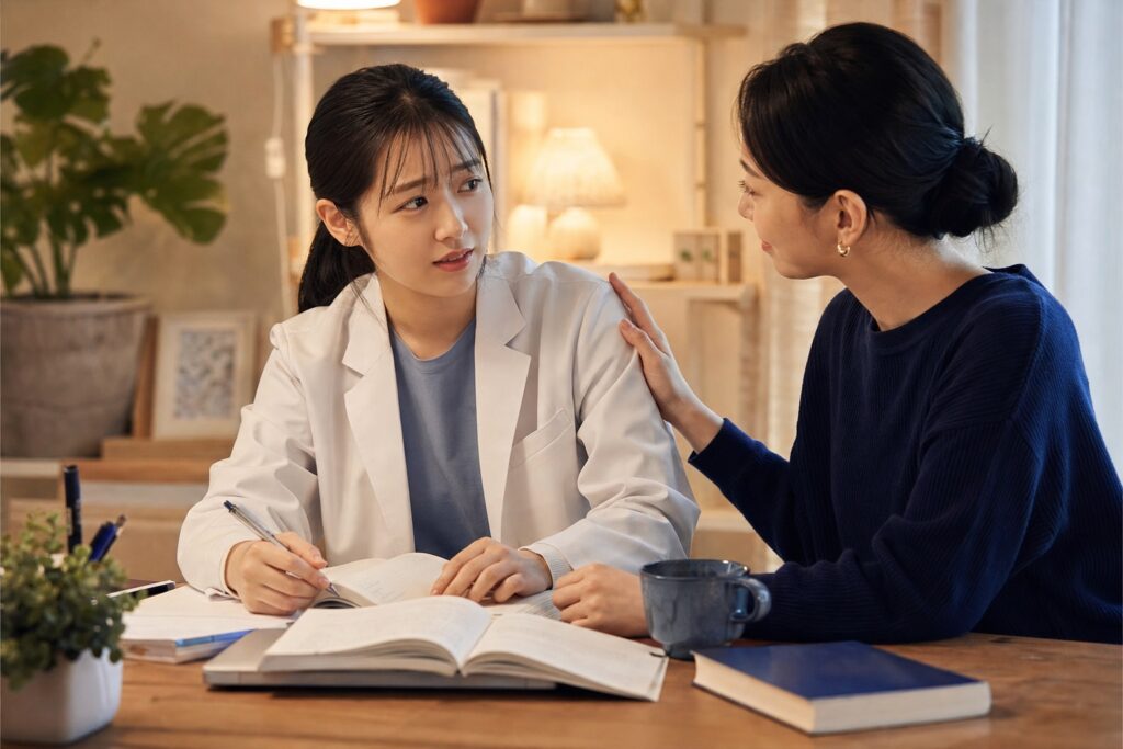不安な女子学生を女性家庭教師が励ましている様子